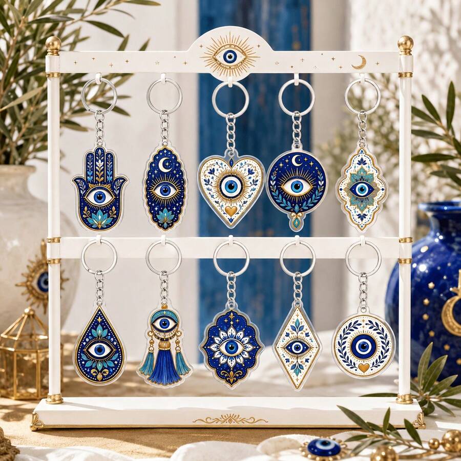 2D Flat, 10pcs Evil Eye Acrylic Keychains, Turkish Amulet, Blue Eye & Hamsa Hand Design Pendant, For Backpack/Bag Key Hook, Lucky Charm Gift, Ideal Gift For Bohemian Style Enthusiasts, Suitable For Home - View 1