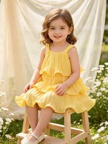 Summer Baby Girls' Sleeveless Ruffle Cake Dress, Solid Color Suspender Design - Yellow - View 4