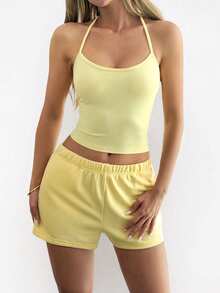 GLAMSKIN Women's Summer/Autumn Basic 2 Pieces Set, Spaghetti Strap Tank Top And Drawstring Shorts Yellow Elegant - Yellow - View 7