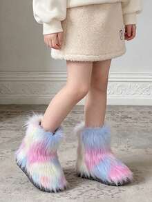 1 Pair Kids Gradient Striped Long Fur Plush Ankle Boots, Loose Cuff Style, Playful Outfit, Suitable For Holiday Atmosphere, Perfect For Winter Outings - Pink - View 4