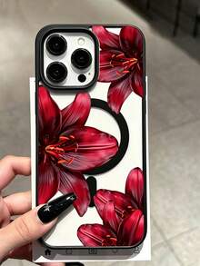 Minimalist Fashion MagSafe Phone Case With Black Lily Flower Pattern, Compatible With IPhone 18/18 Pro/18 Pro Max/17/17 Air/17 Pro/17 Pro Max/16/15/14 Pro Max/13/12/11, Shockproof Anti-Drop Full Coverage Phone Case With Magnetic Protection And Durable Design - Black 2 - View 2