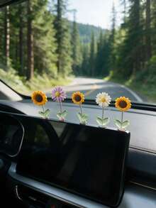 Cute Spring Swaying Flower Car Dashboard Ornament, Sunflower Daisy Purple Chrysanthemum Shaking Decoration, Adhesive Center Console Screen Top Car Interior Decor - A - View 7