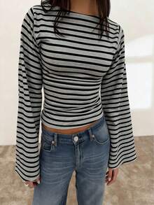 Striped Colorblock Ribbed Long Sleeve T-Shirt For Women, Casual Home Wear - Grey-black - View 4