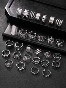 5/10/15/20/30pcs Silver Stainless Steel Men's Ring Set, Random Styles Including Cross Star Rings, Geometric Pattern Rings, Star Rings, Cross Rings, Halloween Gift, Suitable For Daily Wear - Silver - View 3