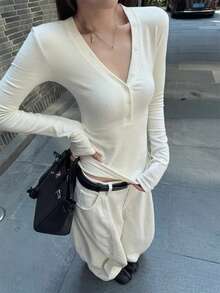 Women's Autumn Atmosphere Cashmere Slim Fit Flattering Base Layer Top - Beige - View 4