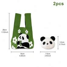 2pcs Cute Panda Handbag With Panda Accessories, Large Capacity Knitted Woven Bag, Versatile Cartoon Tote Bag, New Holiday Gift Bag Souvenir - Multicolor - View 5