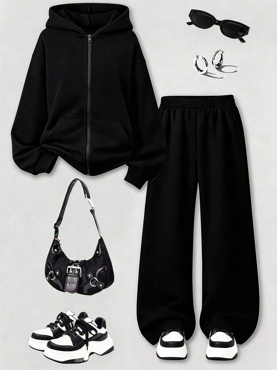 Teen Girls Hooded Zip-Up Sweatshirt Jacket + Casual Long Pants 2-Piece Set, Suitable For Spring/Autumn Home, School, Vacation, Shopping, Sports And Other Occasions. - Black - View 1