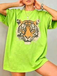 Vintage Tiger Tee - Retro Animal  T-Shirt, 90s Animal Gift For Tiger Lover, Wild Cat Shirt, JungleTiger Graphic Tee220G Heavyweight1830% CottonT-Shirt - 螢光綠2 - 查看 1
