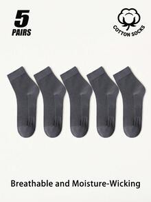 5 Pairs Men Cotton Crew Socks, Breathable Moisture‑Wicking Mid‑Calf Socks, Solid Color Lightweight Ribbed Cuff Casual Business Daily Socks For Men - Multicolor - View 17