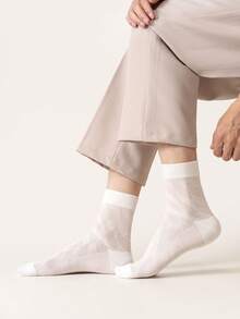 5/6 Pairs Men Cotton Geometric Jacquard Crew Socks, Mesh Ventilation Breathable Moisture‑Wicking Socks, Solid Color Ribbed Cuff Casual Business Socks - Multicolor - View 3