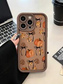 Phone Case: Fashionable Retro Autumn Pumpkin Pinecone Bow & Fallen Leaf Pattern Anti-Drop Protective Cover Compatible With IPhone 18/18Pro/18ProMax/17/17Pro/17ProMax/16/16Pro/16ProMax/15/14/13/12/11 Lens Protection, Protective Phone Case, Gift - Brown - View 2