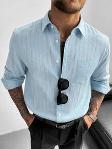 GloMan Old Money Men Linen Light Blue Stripes Textured Button Up Long Sleeve Shirt,Summer/Fall Loose Fit Top Daily,Street,Office,Beach,Husband/Father - Blue - View 1