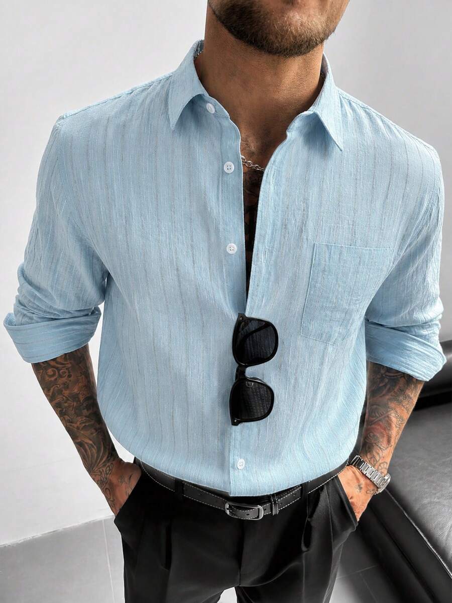 GloMan Old Money Men Linen Light Blue Stripes Textured Button Up Long Sleeve Shirt,Summer/Fall Loose Fit Top Daily,Street,Office,Beach,Husband/Father - Blue - View 1