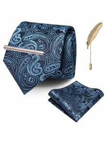 4‑Pcs Men Paisley Pattern Neck Tie Set, Jacquard Woven Necktie, Pocket Square, Tie Clip, Feather Lapel Pin For Wedding Business Formal Occasion - Multicolor - View 12