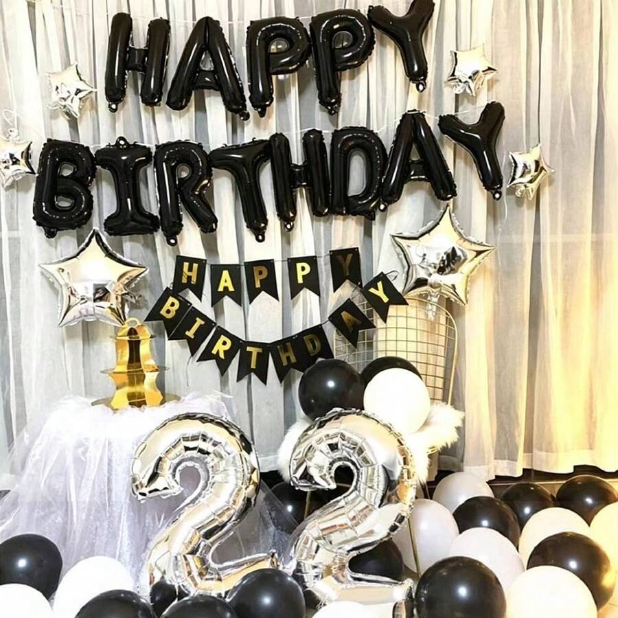 1 Set Balon Banner Selamat Ulang Tahun, Huruf Foil 16 Inci, Perlengkapan Pesta Dekorasi Ulang Tahun yang Dapat Digunakan Kembali (Hitam) - Selamat Ulang Tahun untuk Orang Kulit Hitam - View 1