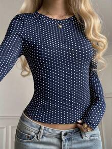 SCARLUX Autumn Y2K Deep Blue Polka Dot Crew Neck Short Long Sleeve T-Shirt, Slim Fit Casual Top, Suitable For Back To School Season - Navy Blue - View 5