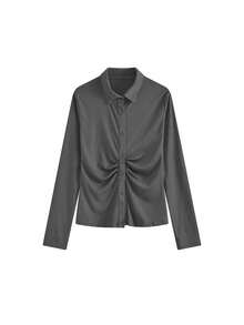 Hot Girl Street Style Ruched Petal Sleeve Blouse, Slimming Korean Fashion Chic Top For Women - Grey - View 5