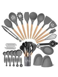 36pcs Set,36pcs Silicone Kitchen Cooking Utensils, Heat-Resistant Cooking Utensils Set Of Wooden Handles, Non-Stick Kitchen Gadgets, Including Scraper Spoons,Kitchen Stuff Kitchen Accessories Home Kitchen Items - Dark Grey - View 13