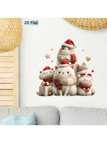 1pc 2D Flat Wall Sticker, Cute Fluffy Cat Wearing Christmas Hat And Red Knitted Scarf, Gift Box, Heart, Star, Snowflake Pattern, Suitable For Living Room, Bedroom, Christmas Home Decor - Christmas Decorations - View 5