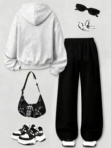 Teen Girls Hooded Zip-Up Sweatshirt Jacket + Casual Long Pants 2-Piece Set, Letter Print Design, Autumn/Winter Outfit, Homecoming Wear - Grey - View 2
