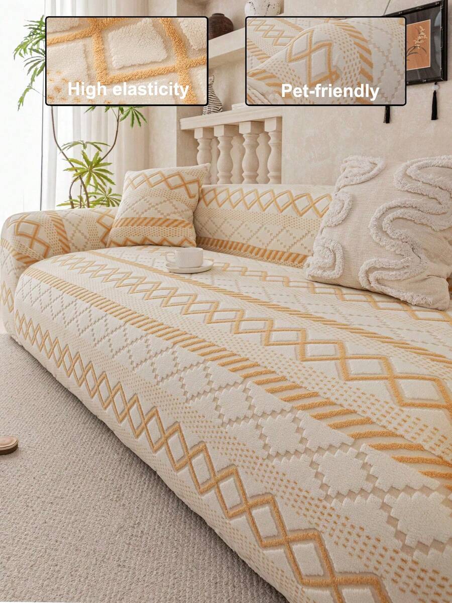 1pc Cationic Dual-Color Elastic Sofa Cover, Machine Washable, Non-Slip Sofa Protector, Suitable For Living Room, Fits 1-4 Seater Sofa, Solid Color Textured Fabric, All Seasons, Living Room Essential | Minimalist Sofa Cover | Fitted Sofa Cover - Beige - View 1