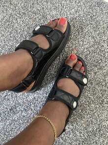 Elegant New Rhinestone Sandals For Women, Hook And Loop Casual Fashion Versatile Flat Shoes, Thick Sole Beach Sandals, Size Runs Slightly Small - Black - View 7