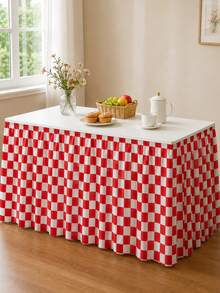 1pc Red & White Plaid Polyester Table Skirt, Farmhouse Style Rectangular Buffet Table Decor With Elastic Ruffle Edge, Suitable For Picnic, BBQ, Birthday Party, Wedding, Dessert Table And Holiday Decoration - Multicolor - View 4