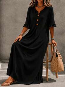 Plus Size Women's Fall Solid Light Blue Maxi Dress, Notched Neck, Button Detail, 3/4 Ruffle Sleeves, Loose Flowy A-Line Modest Casual Vacation Dress - Black - View 2