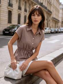 Fall Clothes For Women Striped Collared Shirt Top, Cap Sleeve Button Front Drawstring Waist Peplum Blouse Elegant Autumn Outfits For Women - Brown - View 3