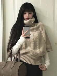 韓式灰色假領鬆垮針織毛衣女款 秋冬新款 寬鬆修身百搭針織上衣 - 卡其色 - 查看 1