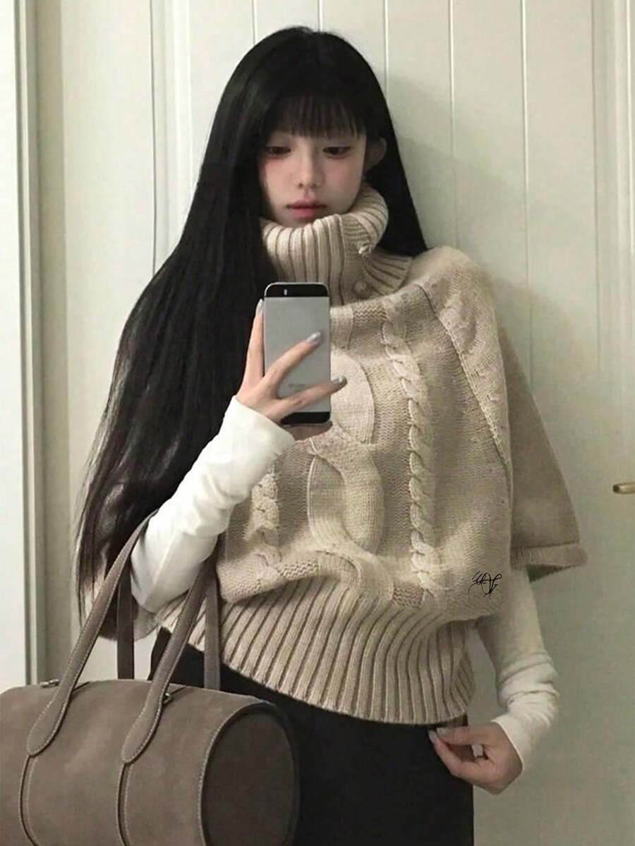 韓式灰色假領鬆垮針織毛衣女款 秋冬新款 寬鬆修身百搭針織上衣 - 卡其色 - 查看 1