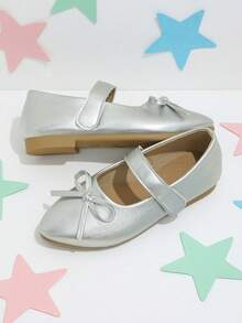 Girls' Silver Shiny Bow Mary Jane Flats, Gentle Sweet Princess Style, Suitable For All Seasons, School And Party Wear - Silver - View 4