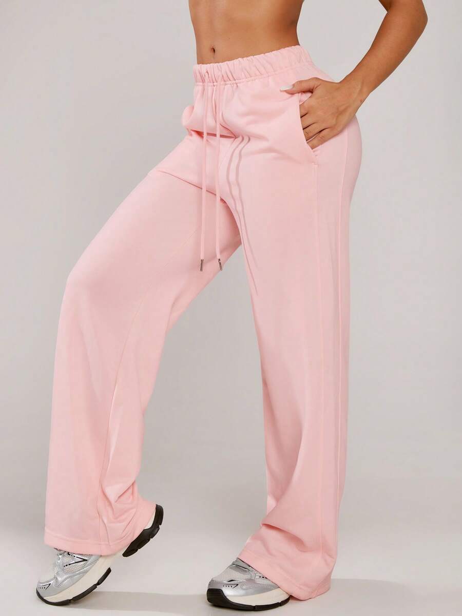 Women's Fall Winter Pink Loose Straight Leg Pants With Pockets Solid Casual Pants For Daily Date Wear - Pink - View 1