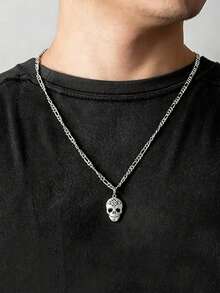 1pc Fashion Creative Skull Stainless Steel Pendant Necklace, Men's Halloween Party Accessory - Silver - View 1