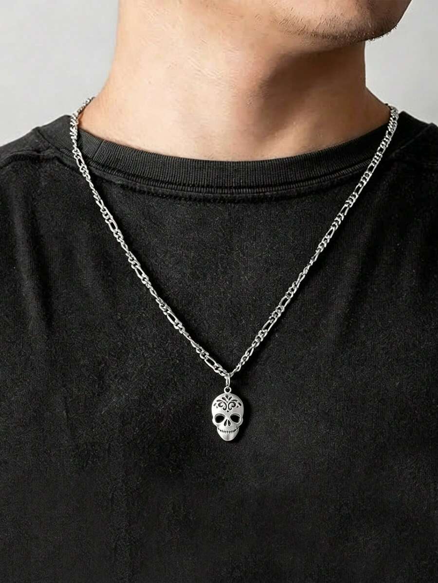 1pc Fashion Creative Skull Stainless Steel Pendant Necklace, Men's Halloween Party Accessory - Silver - View 1