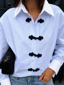 Women's Fashion Casual Frog Button Lapel Long Sleeve Striped Shirt, Striped Front Button-Down, Commute Daily Date - Blue and White Stripes - View 5