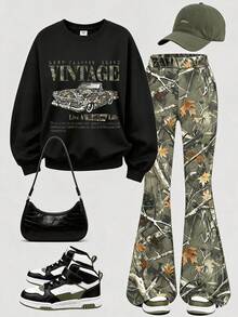 2pcs/Set Girls & Mom Matching Outfit, Same Color Vintage Car Sweatshirt And Flare Pants, Soft Fabric, Casual Street Style - Multicolor - View 1