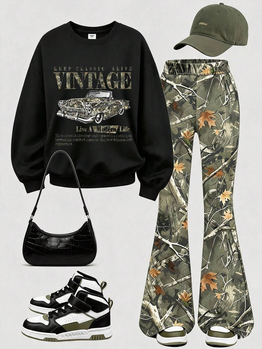 2pcs/Set Girls & Mom Matching Outfit, Same Color Vintage Car Sweatshirt And Flare Pants, Soft Fabric, Casual Street Style - Multicolor - View 1