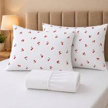 King Size 3-Piece Sheet Set, 400 Thread Count Micropercal, Soft Touch, With Fitted Sheet And Printed Pillowcases - CHERRY - WHITE - View 7