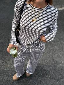 Women's Striped Lapel Fashion Knit Loose Long Sleeve Top & Casual Pants Set - Mauve Purple - View 1