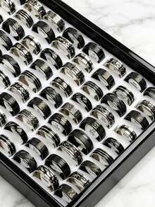 Set Cincin Pria 10/15/20pcs, Cincin Stainless Steel Ukiran Vintage, Perhiasan Hip Hop Punk Ukuran Campuran, Cocok untuk Pemakaian Sehari-hari dan Pesta - Cincin baja tahan karat dengan berbagai gaya. - View 2