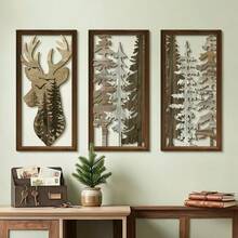 3Pcs Wooden Deer Forest Wall Decor, Rustic Cut‑Out Wood Wall Art, Farmhouse Christmas Hanging Ornament, Nature‑Inspired Wall Plaque For Living Room Bedroom, Cabin Home Accent, Vintage Wood Cutout Wall Sculpture For Indoor Holiday Home Decoration - Reindeer Style - View 3