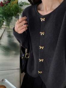 女款長袖蝴蝶結鈕扣寬鬆針織開襟衫 - 黑色 - 查看 5