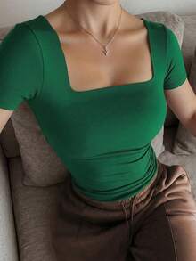 休閒極簡優雅日常穿搭方領短袖上衣，春夏女裝優雅上衣 - 綠色 - 查看 2