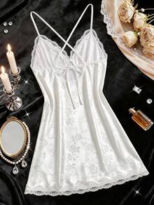 Sexy Women's Floral Solid Color Nightgown, Deep V-Neck Lace Patchwork, Asymmetrical Hem, Comfortable Charming Loungewear - White - View 3