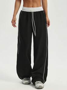 Women Contrast Waist Drawstring Wide Leg Woven Pants,Side Striped Piping Design,Athleisure Gym Outdoor Daily Trousers - Black - View 4