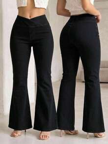Pantalones  Acampanados Mujer Tiro Alto Cintura Cruzada V Mezclilla Elástica Ajuste Curvy Pierna Larga Corte Flare Dobladillo Desgastado Pantalón Premium - Negro - Ver 5