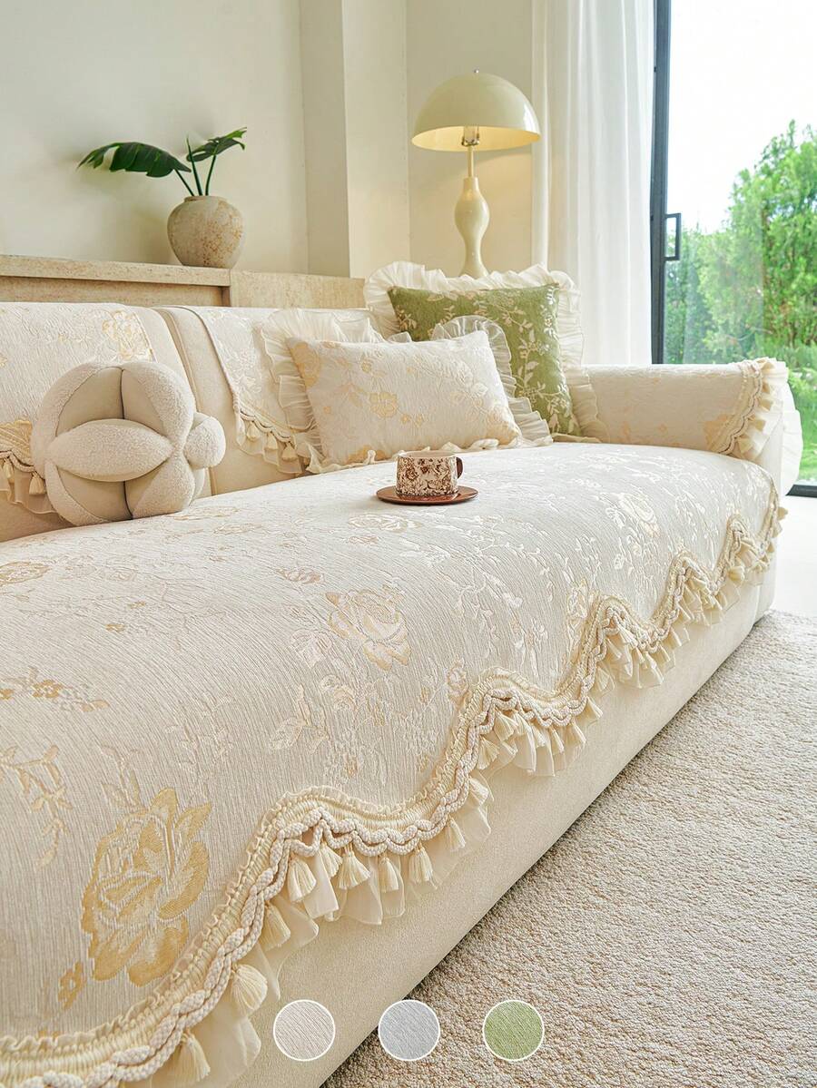 1pc French Vintage Floral Jacquard Sofa Cover, Chenille Lace Ruffle Tassel Edge Non-Slip Sofa Pad Protector, All Season Living Room Decor Sofa Slipcover