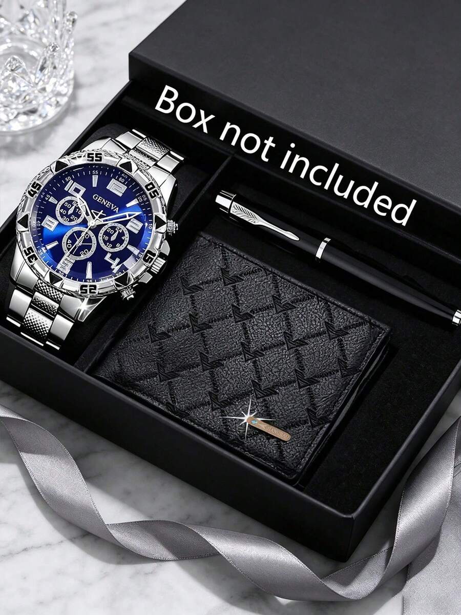 3PCS Men's Business Fashion Watch Set, Including A Three-Eye Chronograph Blue Dial Stainless Steel Watch, A Diamond-Pattern Embossed Leather Wallet, And A Business Signature Pen. The Watch Features A Silver Stainless Steel Strap Paired With A Three-Eye Chronograph Blue Dial - Silver - View 1