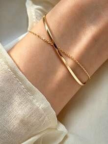 1pc Double Layer Polished Chain Bracelet, Women's Fashion Minimalist Elegant Style, Niche Design, Sophisticated Delicate Hand Accessory, Suitable For Daily Wear, Commute, Date, Party - Gold - View 1
